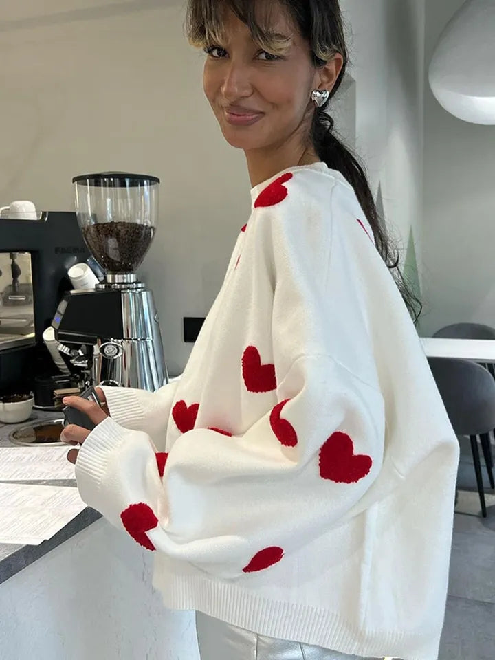 Heart Embroidery Long Sleeve Pullover