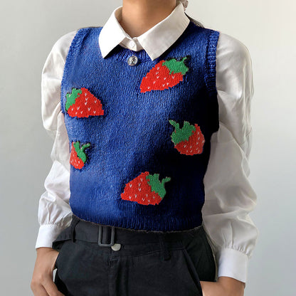 Cute Pink Strawberry V Neck Sleeveless Knit Crop Top Sweater Sweatshirt Pullover Jumper E-Girl Kawaii Korean Japanese Harajuku Streetwear