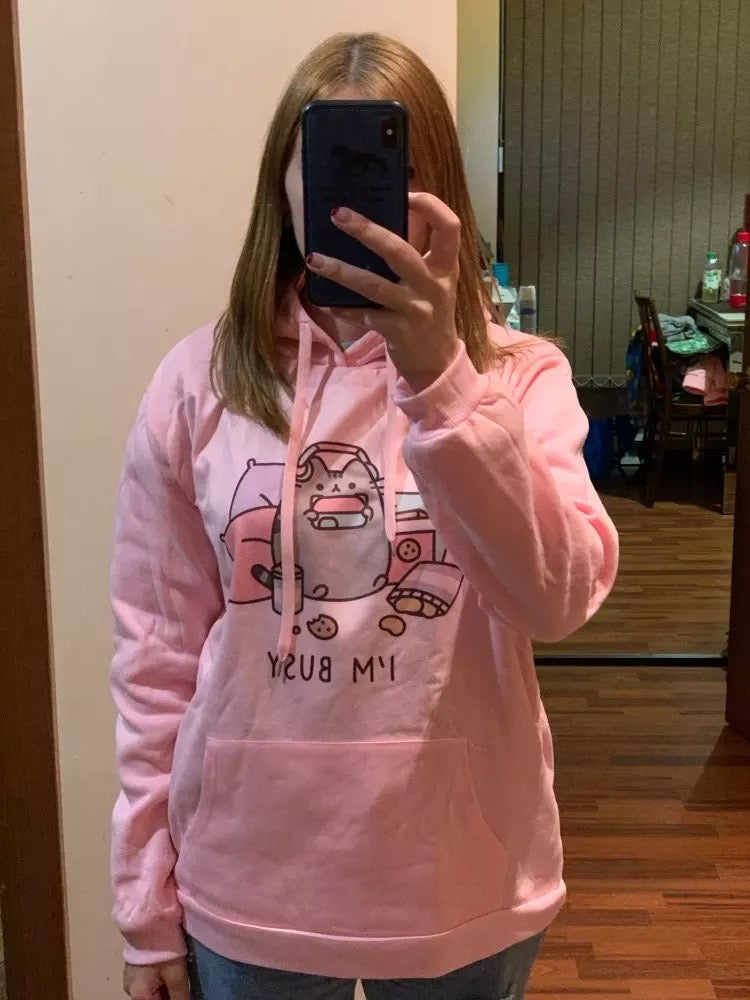 Cute Cat Game Pink Oversized Cartoon Print Casual Sweatshirt Hoodie Pullover E-Girl Kawaii Korean Japanese Harajuku Retro Streetwear Aesthetic