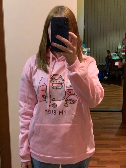 Cute Cat Game Pink Oversized Cartoon Print Casual Sweatshirt Hoodie Pullover E-Girl Kawaii Korean Japanese Harajuku Retro Streetwear Aesthetic