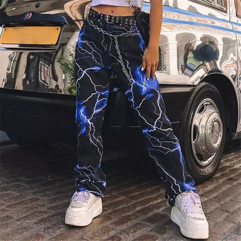 Cute Retro Vintage 90s Funky Lightning High Waisted Cargo Trousers Pants Colorful Print Aesthetic E-Girl Kawaii Korean Japanese Harajuku Streetwear