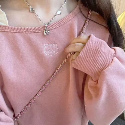 Pink Cat Embroidery Crop Sweater