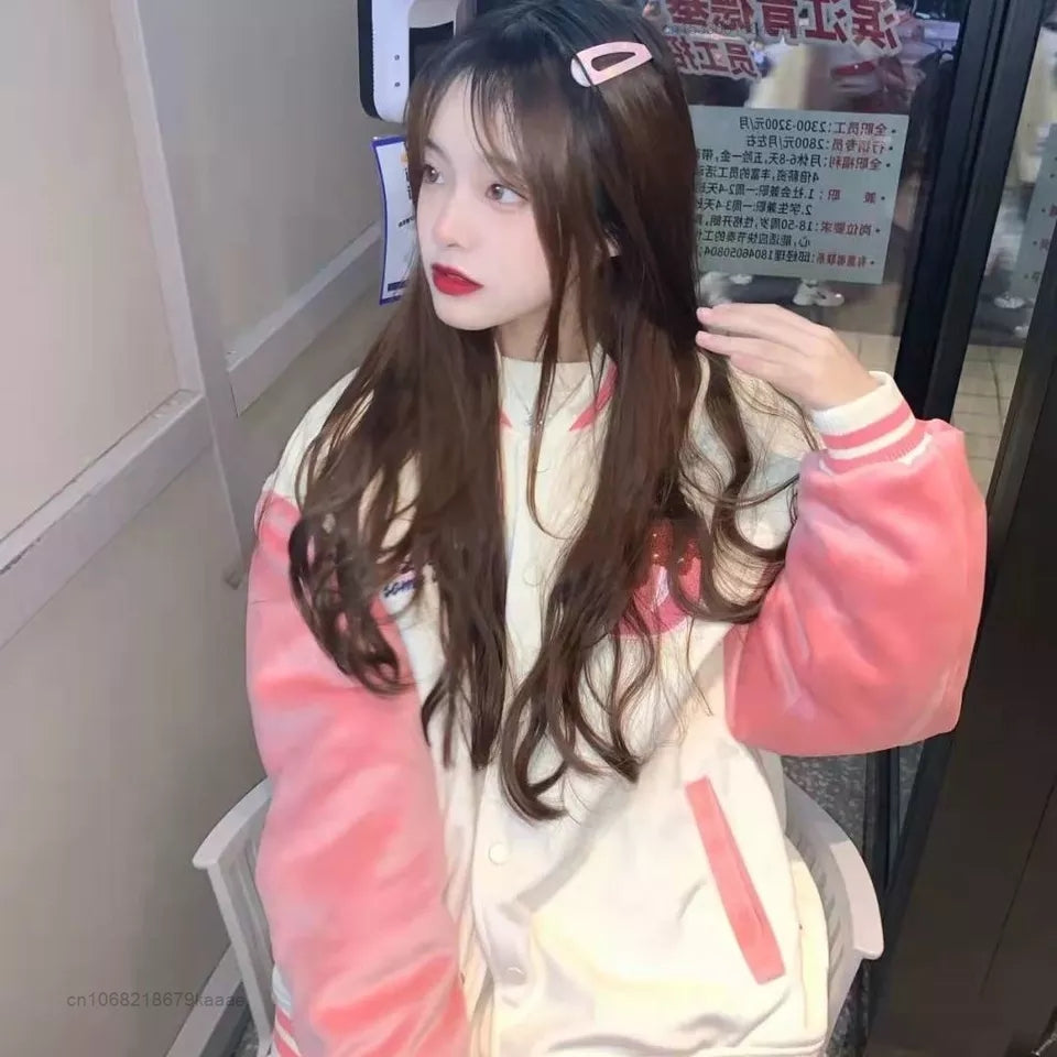 Pink Japanese Anime Cat Embroidery Patchwork Varsity Baseball Jacket