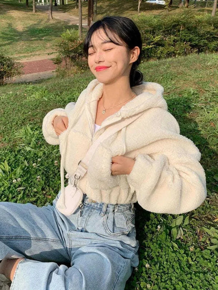 Soft Faux Lamb Wool Loose Long Sleeve Hoodie