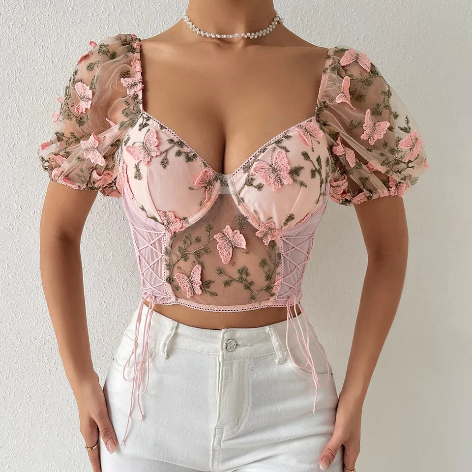 Butterfly Embroidery Puff Short Sleeve Top