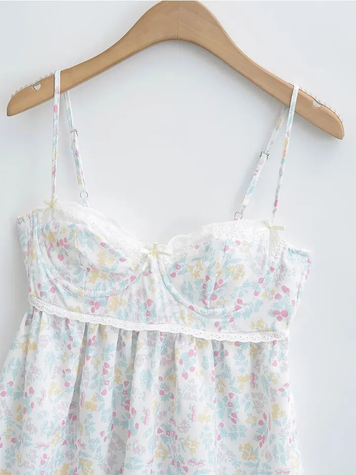 Floral Print Lace Trim Sling Dress