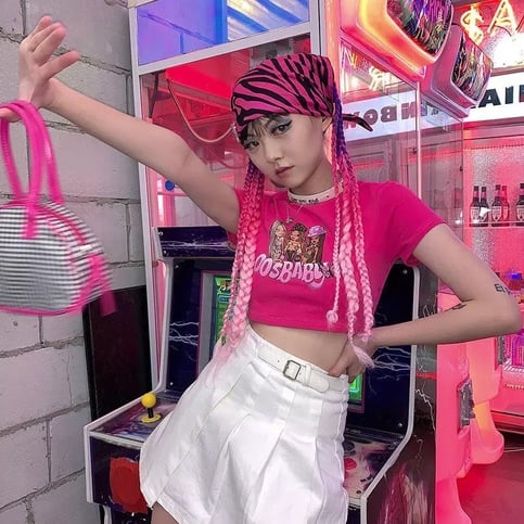 Sexy Pink Cartoon Doll Print Short Sleeve Shirt Crop Top Tee T-shirt Top Causal Summer E-Girl Kawaii Korean Japanese Harajuku Streetwear