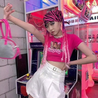 Sexy Pink Cartoon Doll Print Short Sleeve Shirt Crop Top Tee T-shirt Top Causal Summer E-Girl Kawaii Korean Japanese Harajuku Streetwear