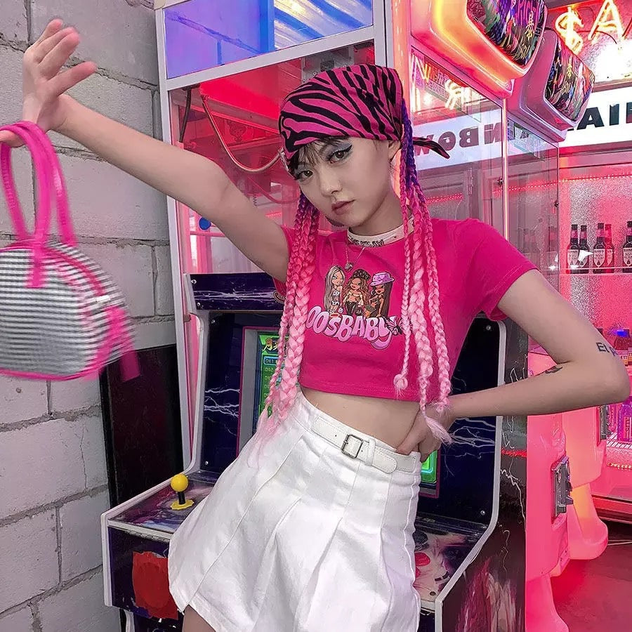 Sexy Pink Cartoon Doll Print Short Sleeve Shirt Crop Top Tee T-shirt Top Causal Summer E-Girl Kawaii Korean Japanese Harajuku Streetwear