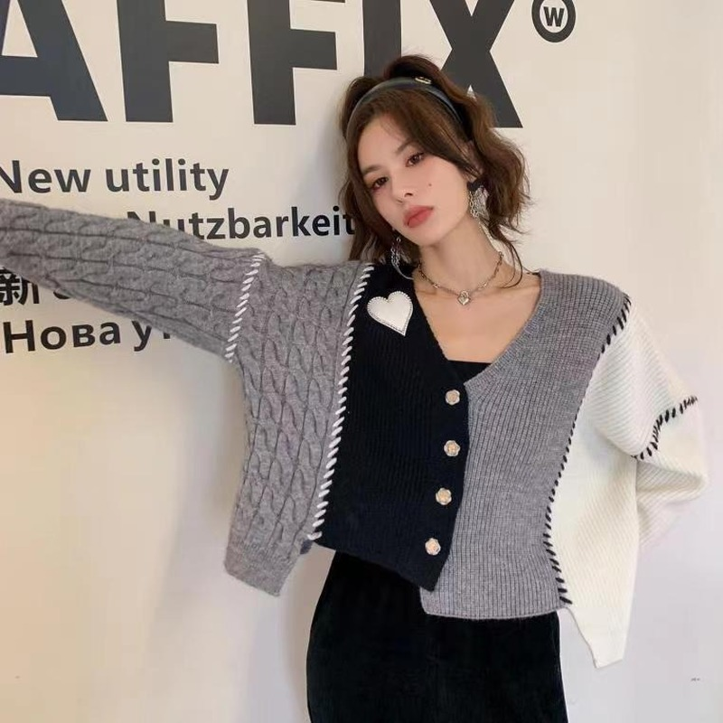 Grey Heart V Neck Patchwork Cardigan