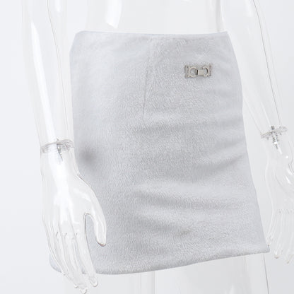 White Fluffy Metal Pendant Mini Skirt