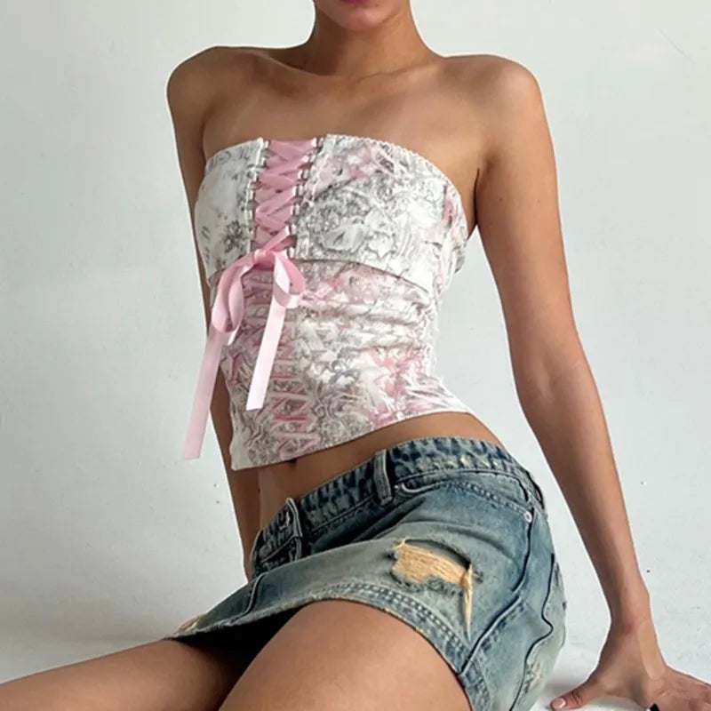 Pink Floral Ribbon Lace Up Corset Top