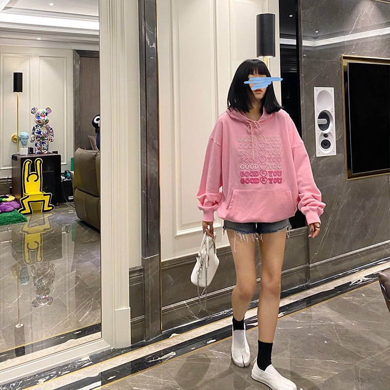 Cute Pink Love Heart Good For U Oversized Hoodie Sweatshirt Long Sleeve Pullover Jumper Sweater E-Girl Kawaii Korean Japanese Harajuku Streetwear