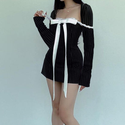 Preppy Bow Sqaure Neck Long Sleeve Dress