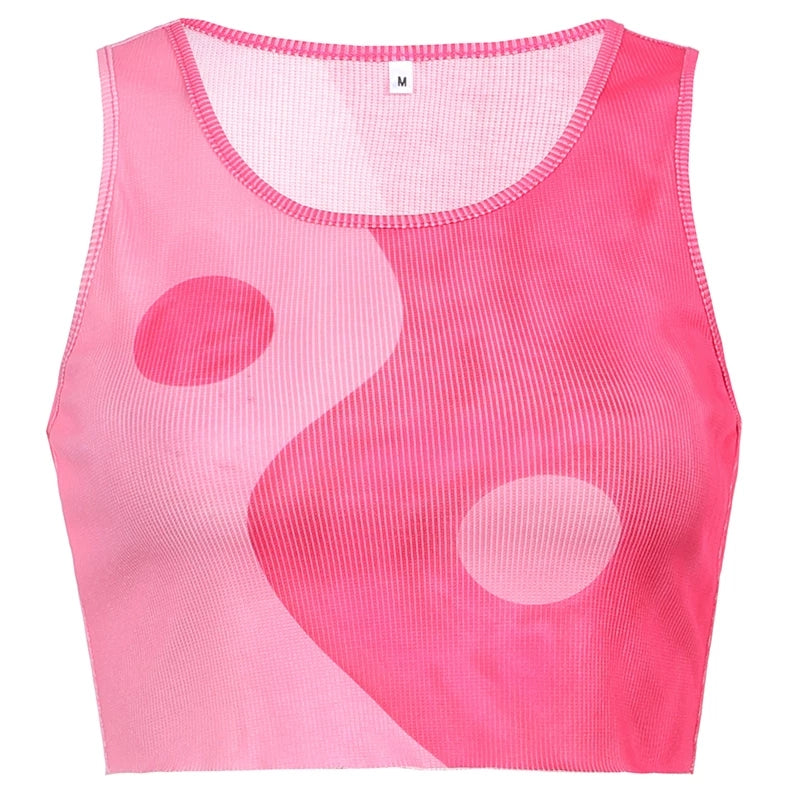 Cute Pink Ying Yang Crop Top Sleeveless Shirt Ribbed Vest Tank Aesthetic Casual Summer E-Girl Kawaii Korean Japanese Haraju