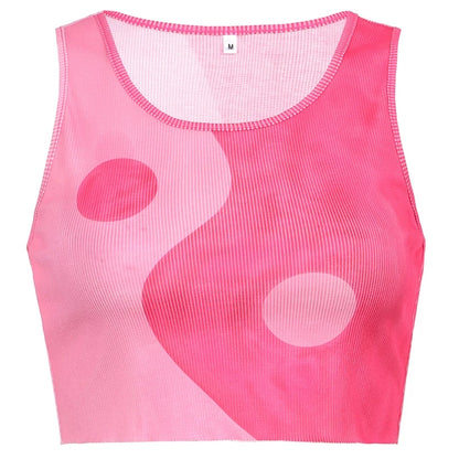 Cute Pink Ying Yang Crop Top Sleeveless Shirt Ribbed Vest Tank Aesthetic Casual Summer E-Girl Kawaii Korean Japanese Haraju