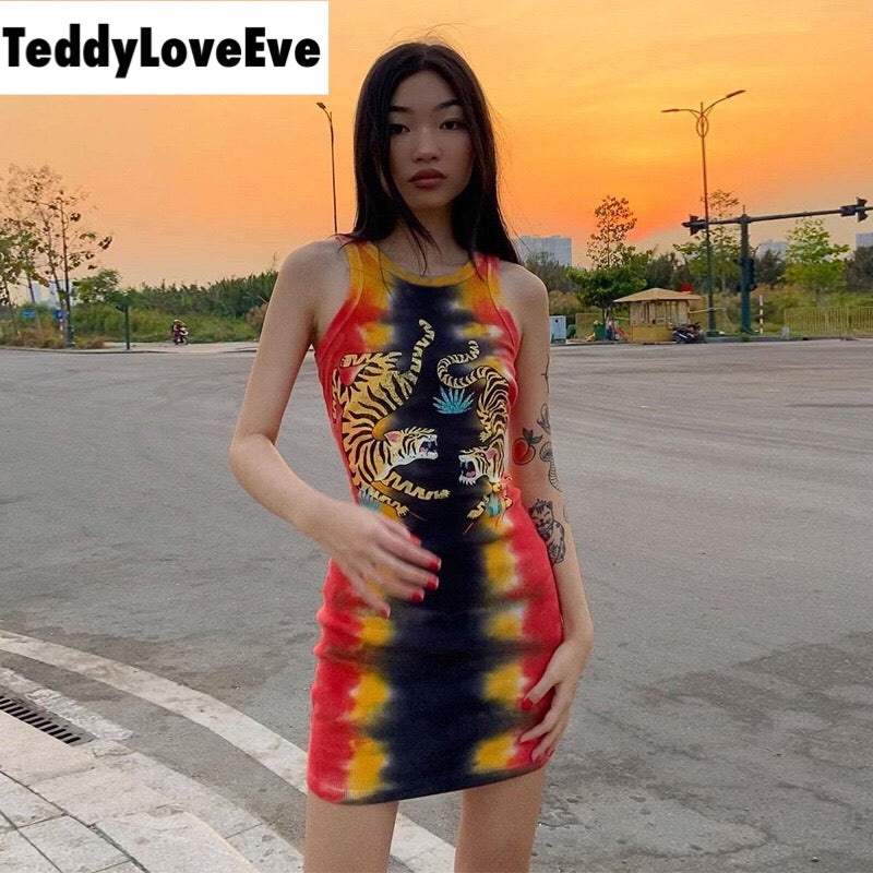 Cute Sexy Tiger Punk Tie Dye Graphic Ribbed Sleeveless Bodycon Dress E-Girl Kawaii Korean Japanese Harajuku Chinese Retro Streetwear Aesthetic