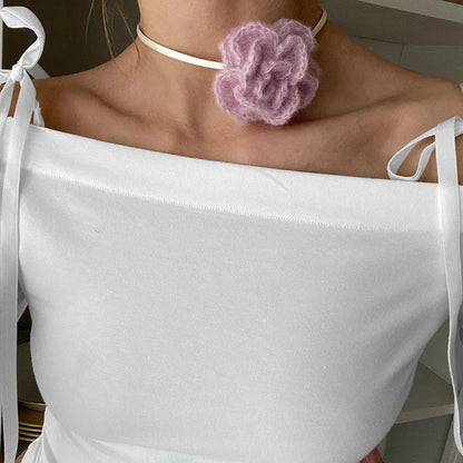 White Bow Off Shoulder Long Sleeve Top