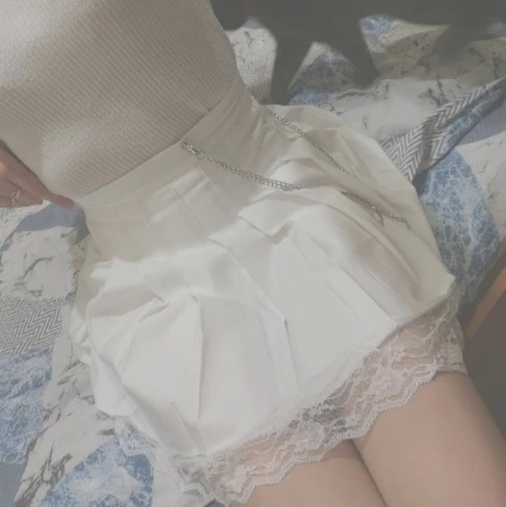Cute White Black Chain Lace High Waist A-line Pleated Skirt Summer Aesthetic Casual E-Girl Kawaii Korean Japanese Harajuku