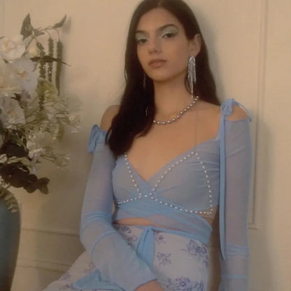 Blue See Through V Neck Bandage Long Sleeve Shirt