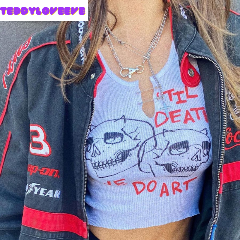 Cute Sexy White Skull Ribbed Sleeveless Tank Crop Top T-shirt Punk Goth Aesthetic Summer Party E-Girl Kawaii Korean Japanese Harajuku Streetwear