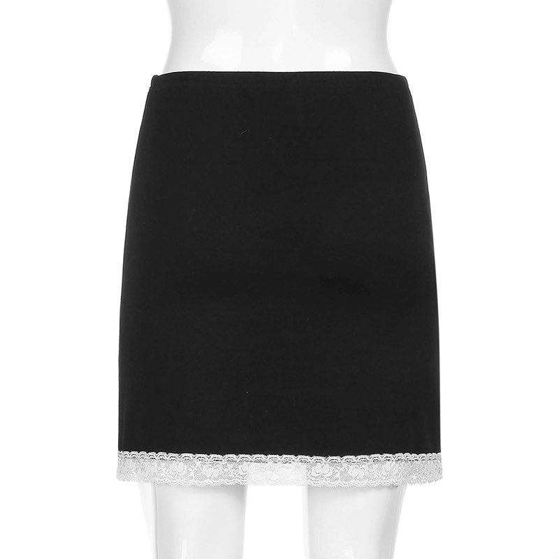Cute Sexy 90s Vintage Sweet Bow Lace Trim Solid Black High Waisted Mini Skirt Bottoms Aesthetic Goth E-Girl Kawaii Korean Japanese Harajuku Streetwear