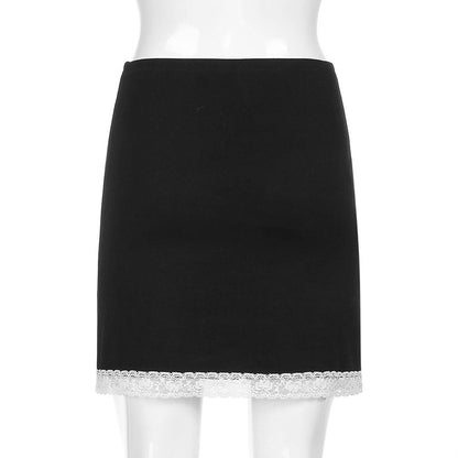 Cute Sexy 90s Vintage Sweet Bow Lace Trim Solid Black High Waisted Mini Skirt Bottoms Aesthetic Goth E-Girl Kawaii Korean Japanese Harajuku Streetwear