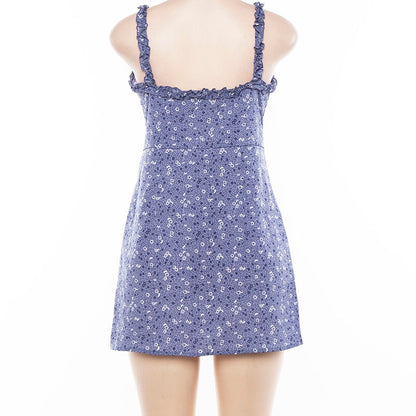 Cute Summer Fit Flare Sexy Flower Print Button Dress Kawaii Korean Japanese Harajuku Chinese Retro Streetwear Aesthetic Fashion