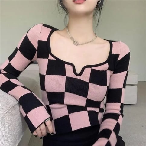 Pink & Black Checkboard Knit Sweater