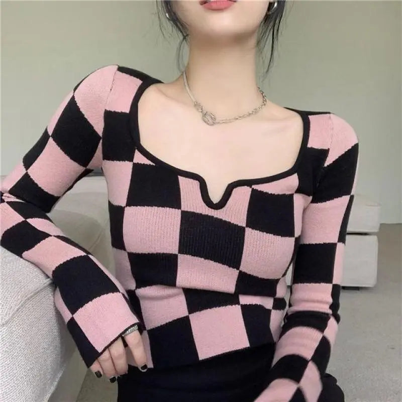 Pink & Black Checkboard Knit Sweater