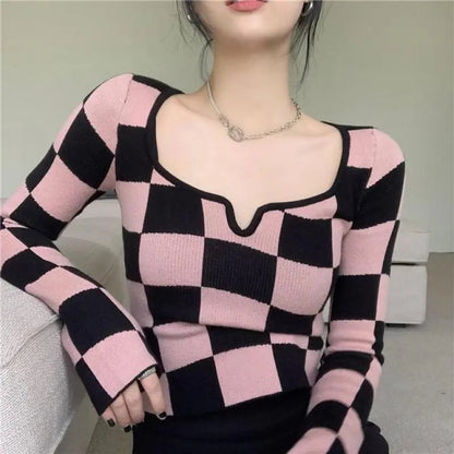 Pink & Black Checkboard Knit Sweater