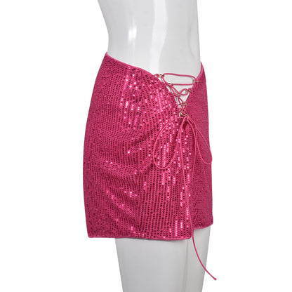 Pink Sequin Lace Up Mini Skirt