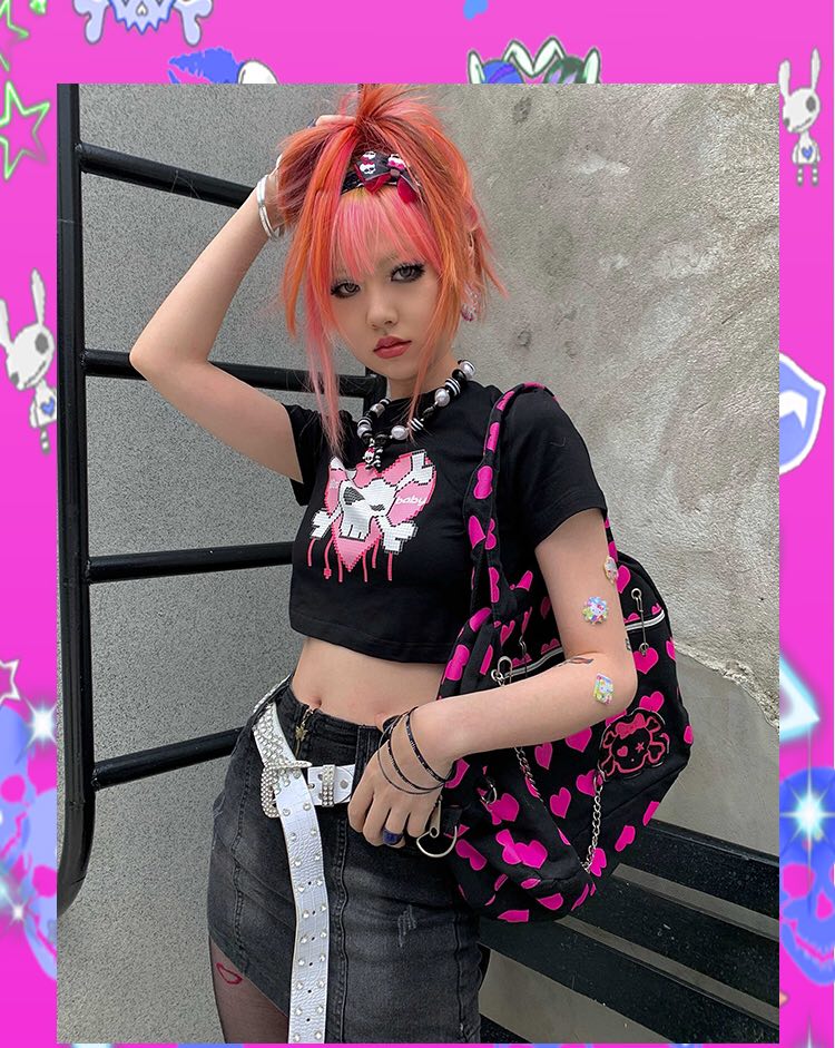 Cute Pink Love Heart Skull Print Short Sleeve T-shirt Crop Top Summer Casual Goth Punk E-Girl Kawaii Korean Japanese Harajuku Streetwear