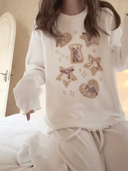 Cat Heart Print Ribbed Long Sleeve Shirt