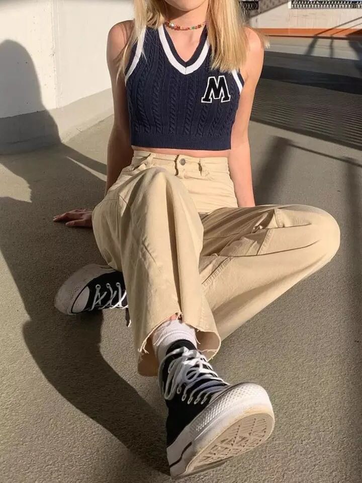 Preppy Letter Print Knit Tank Sweater Vest Sleeveless V Neck Vintage Crop Top Pullover Summer Aesthetic Casual E-Girl Kawaii Korean Japanese Harajuku