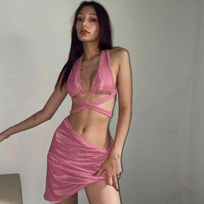 2PCS Pink Sequin Cut Out Tank Top + Mini Skirt