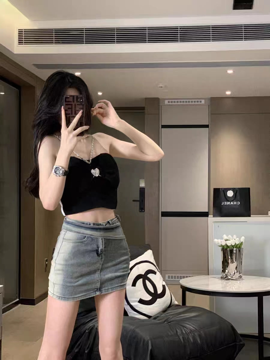 Black Heart Chain Strap Crop Top