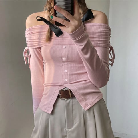 Pink Slash Neck Drawstring Long Sleeve Shirt