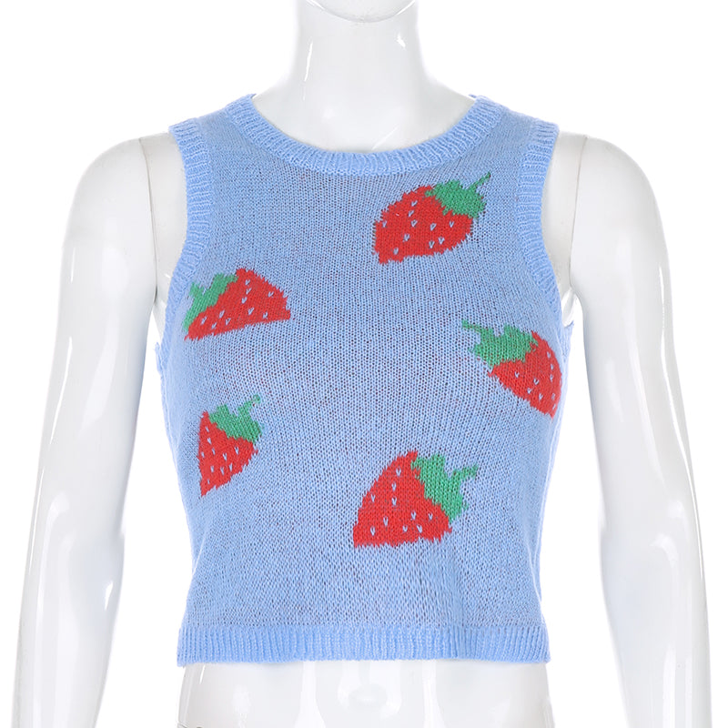 Cute Pink Strawberry V Neck Sleeveless Knit Crop Top Sweater Sweatshirt Pullover Jumper E-Girl Kawaii Korean Japanese Harajuku Streetwear