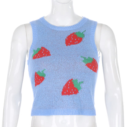 Cute Pink Strawberry V Neck Sleeveless Knit Crop Top Sweater Sweatshirt Pullover Jumper E-Girl Kawaii Korean Japanese Harajuku Streetwear