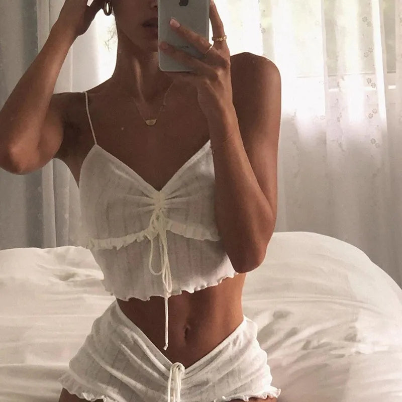 White Ruffle V Neck Lace Up Camisole