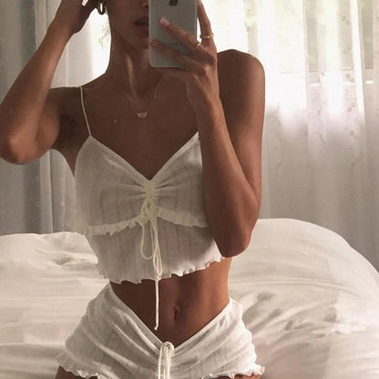 White Ruffle V Neck Lace Up Camisole