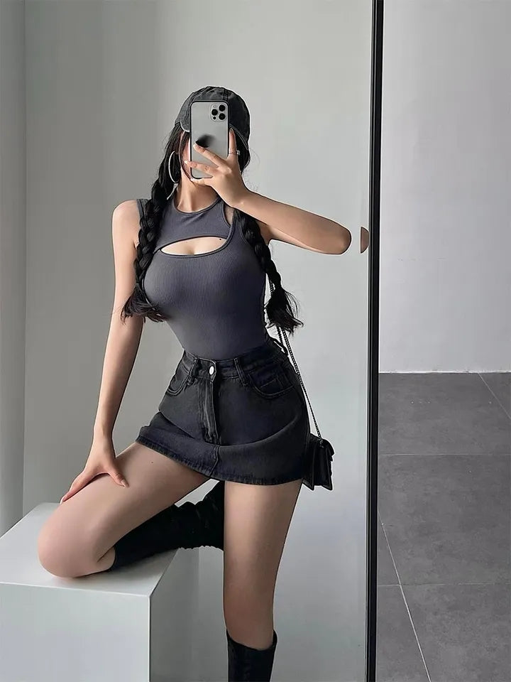 Grey Asymmetrical Hollow Out Tank Top