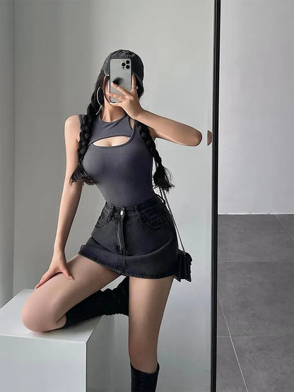 Grey Asymmetrical Hollow Out Tank Top
