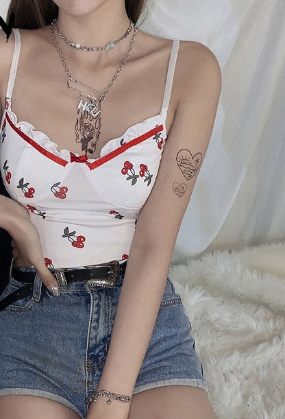 Cute Sweet Sexy Cherry Ruffle Bodysuit Top Tees Tshirts E-Girl Kawaii Korean Japanese Harajuku Chinese Retro Streetwear Aesthetic