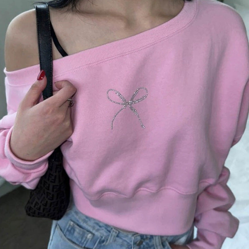 Bow Rhinestone Off Shoulder Sweater