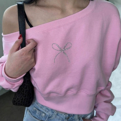 Bow Rhinestone Off Shoulder Sweater