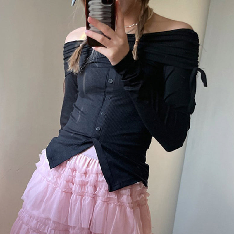 Pink Slash Neck Drawstring Long Sleeve Shirt