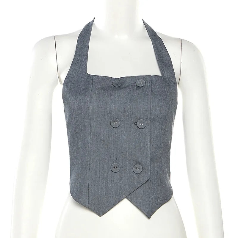 Grey Halter Button Down Vest Top