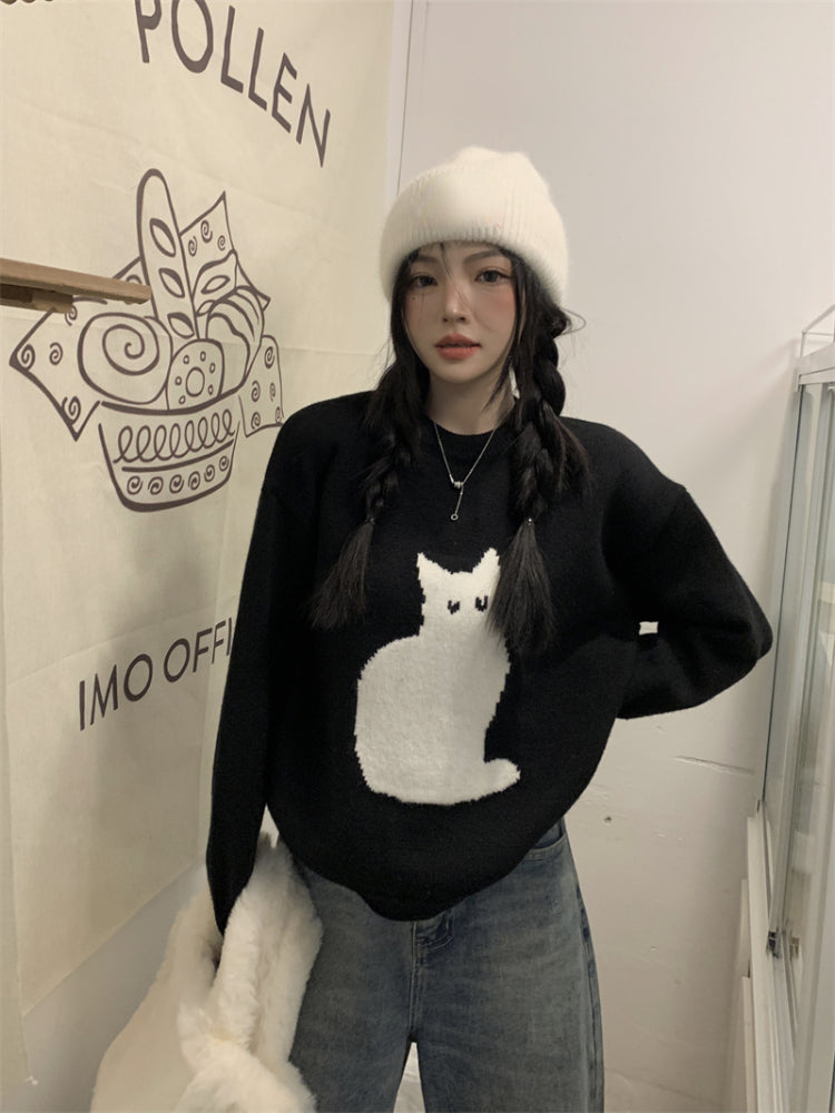 Black Cat Print Long Sleeve Sweater